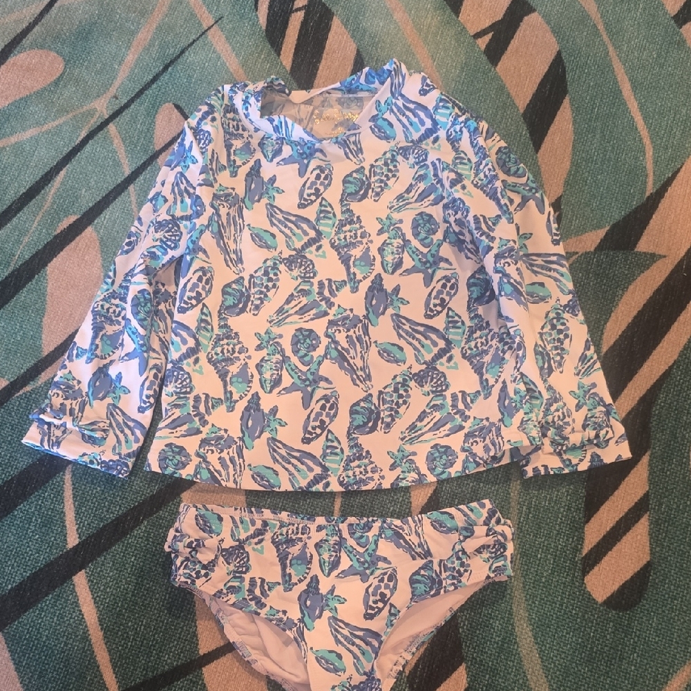 Lilly Pulitzer Girls Kids Swim Set - Blue Patterned shells size girl 6
